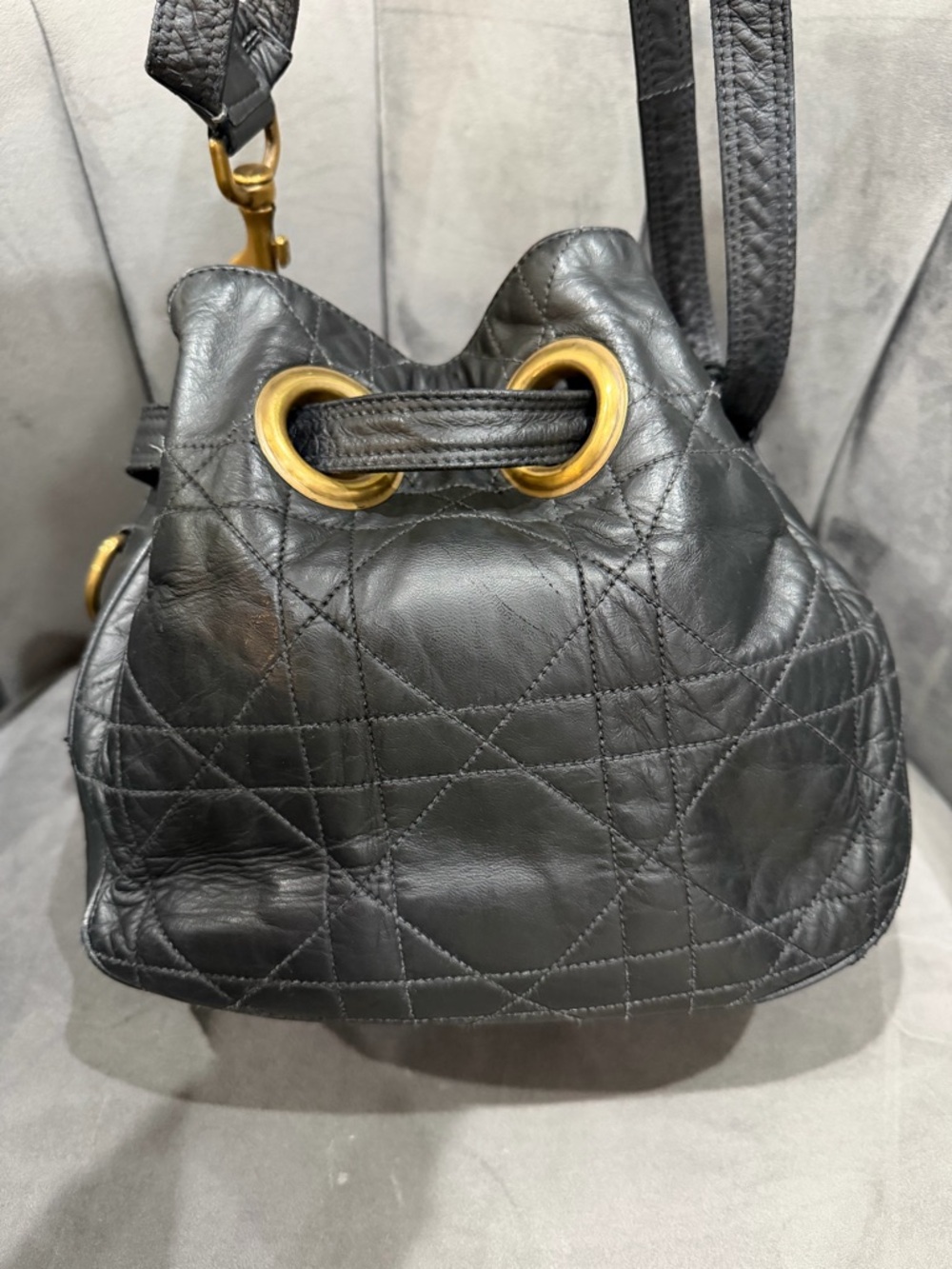 Vintage Christian Dior Shoulder Bag Cannage Quilted Black Leather bucket bag - Picture 5 of 16